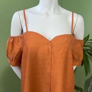 Orange Puff Sleeve Button Down Blouse